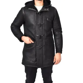 Men's Sheepskin Shearling Duffle Coat Gents Hoodie Jacket Anders Black