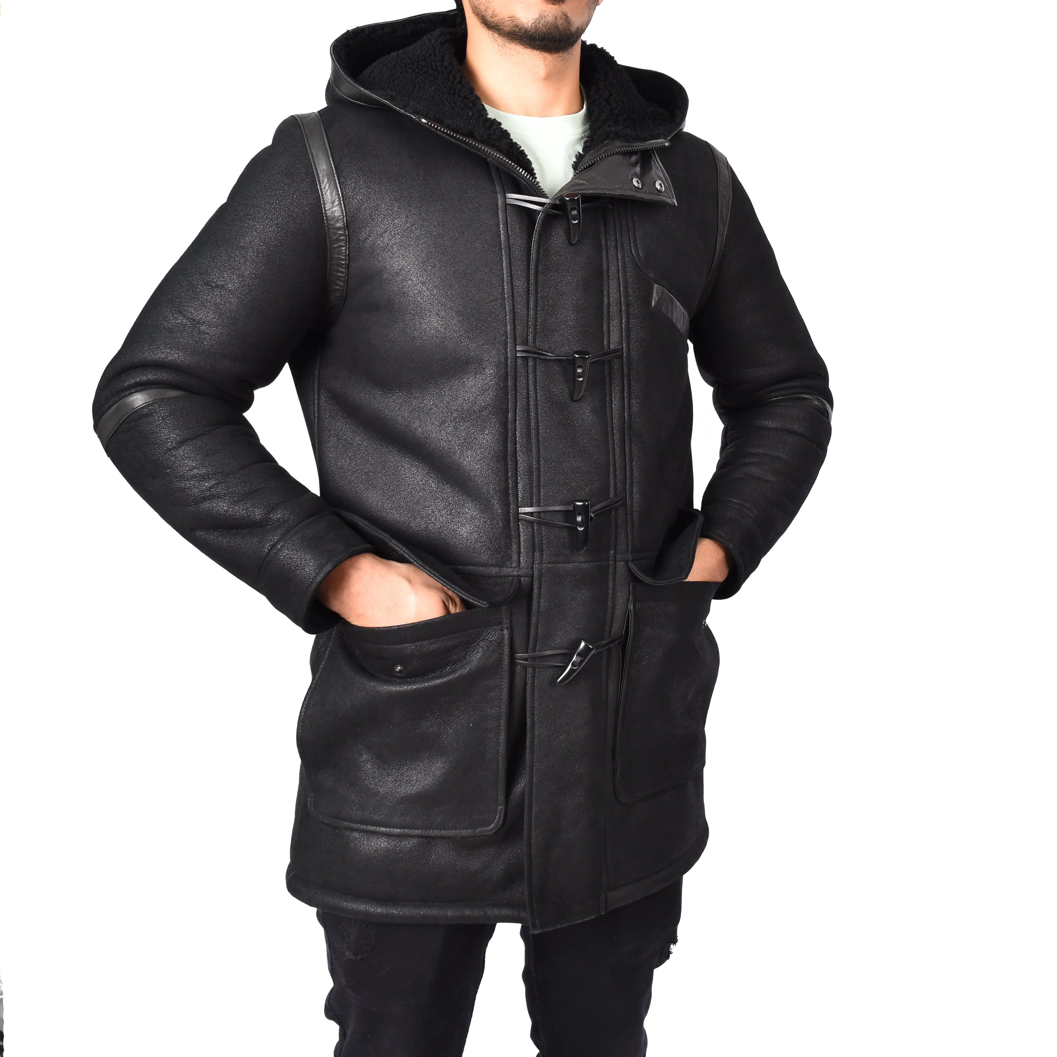 Men's Sheepskin Shearling Duffle Coat Gents Hoodie Jacket Anders Black