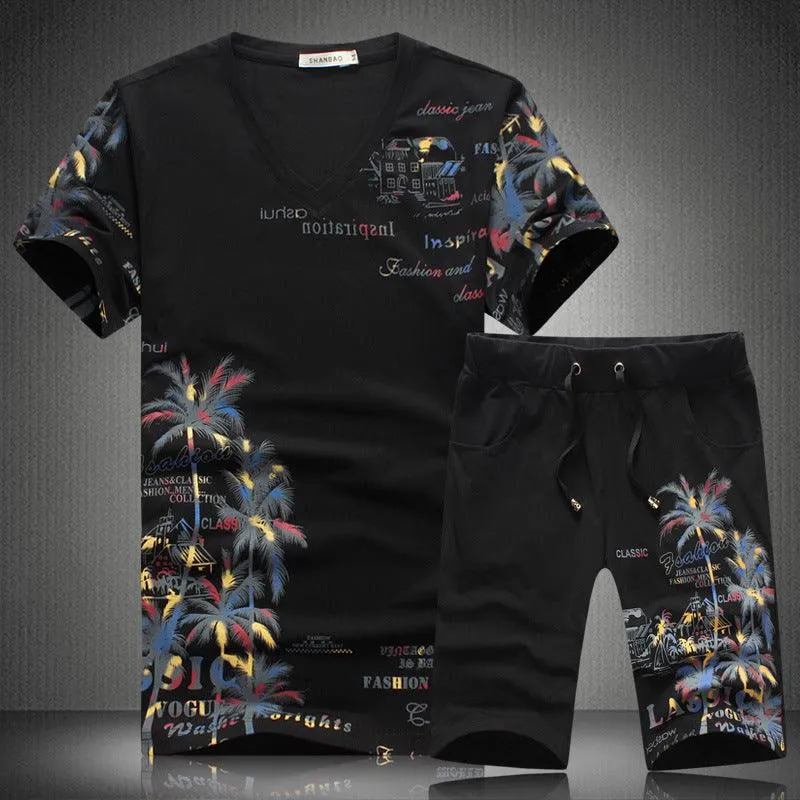 Men's Short-sleeved Printed Suit - Fashionable Two-piece Set with T-shirt and Shorts for Leisure and Sports