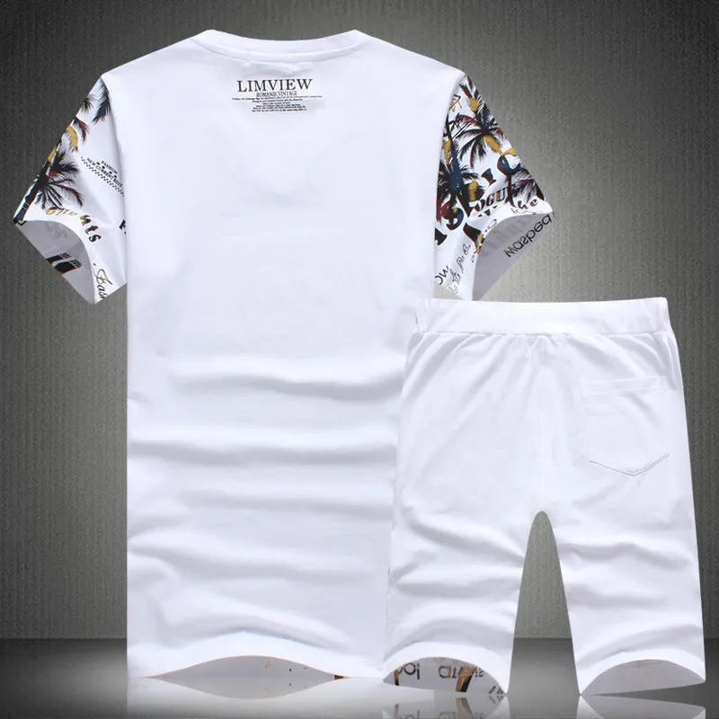 New Short-sleeved Suit Fashion Printed Men Leisure Set Short-sleeved T-shirt Shorts Sports Two-piece Suit