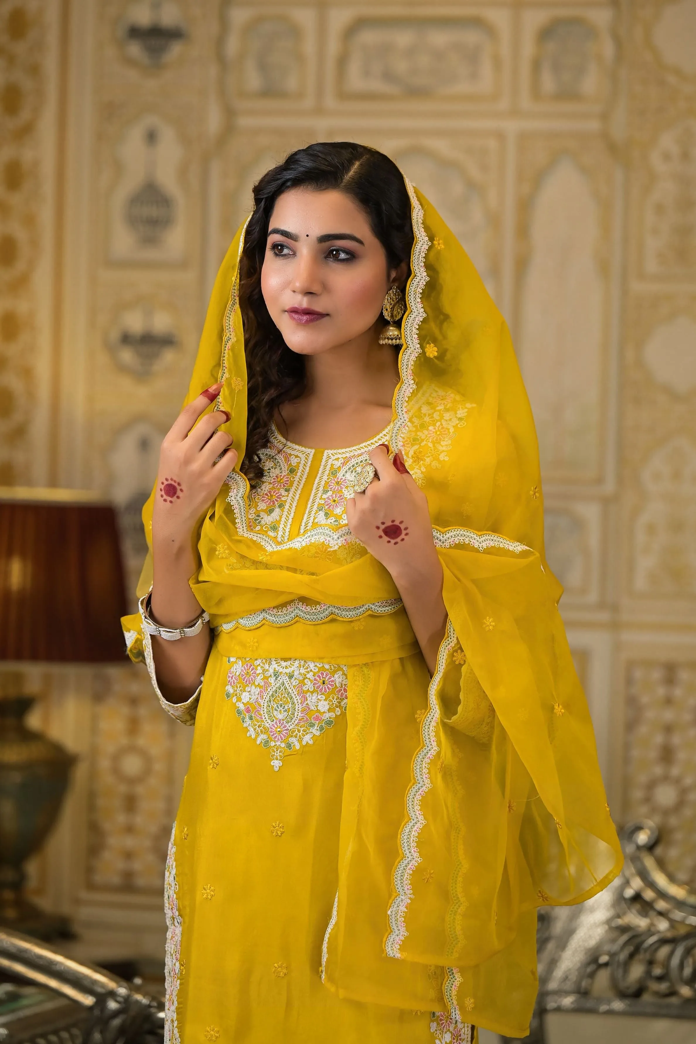 Pear Yellow Embroidered Dola Silk Pants Set