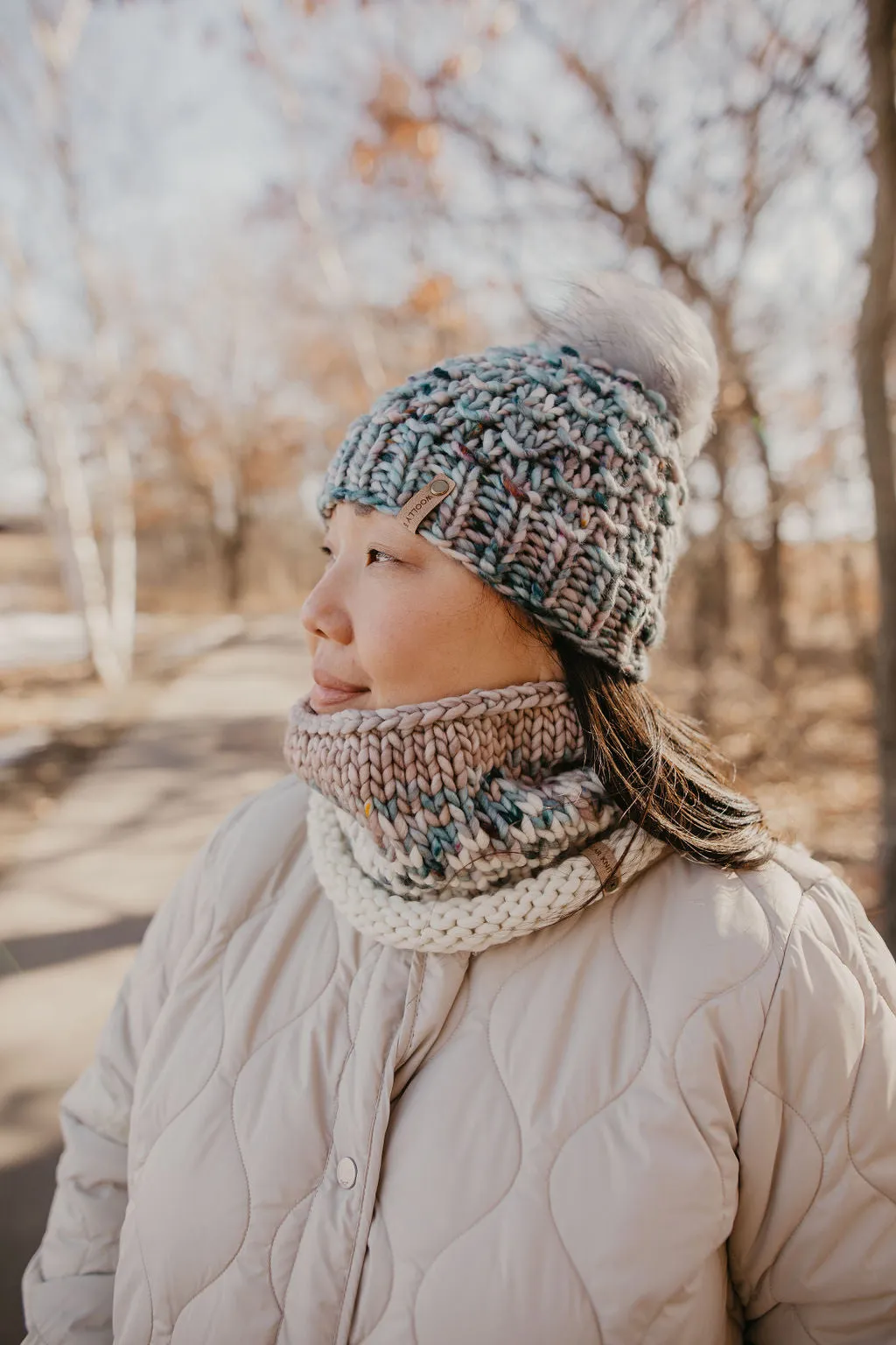 Pearl Gray, Blue, and Ivory Merino Wool Fair Isle Hand Knit Cowl