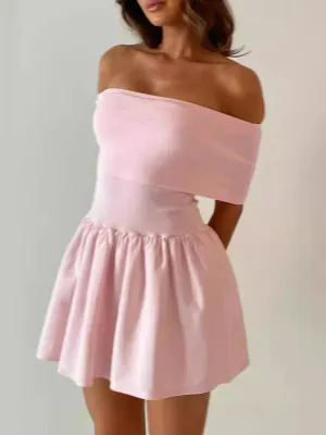 Pink Off Shoulder Knit Summer Mini Dress for Wedding Party