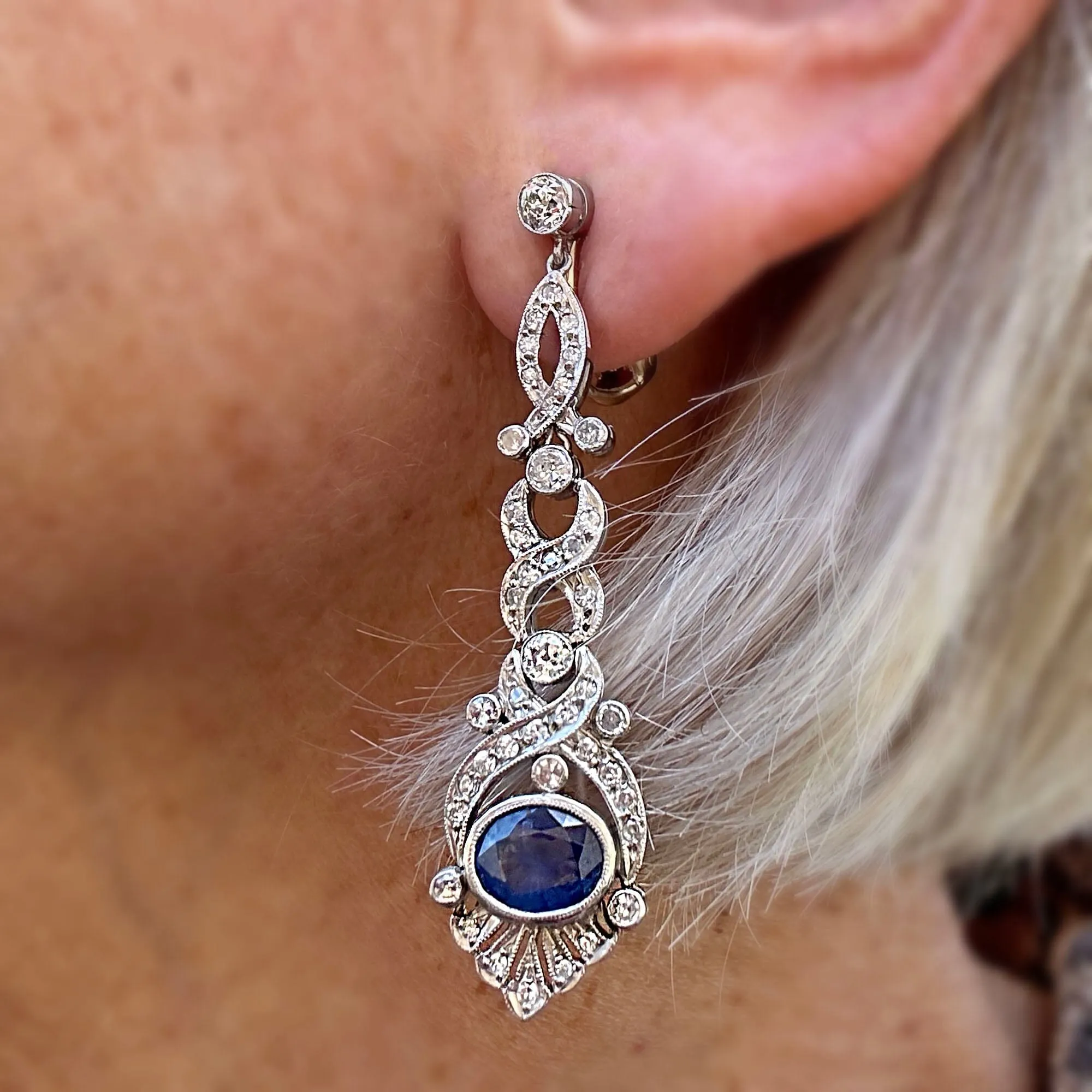 Platinum Ceylon Sapphire and Diamond Drop Earrings