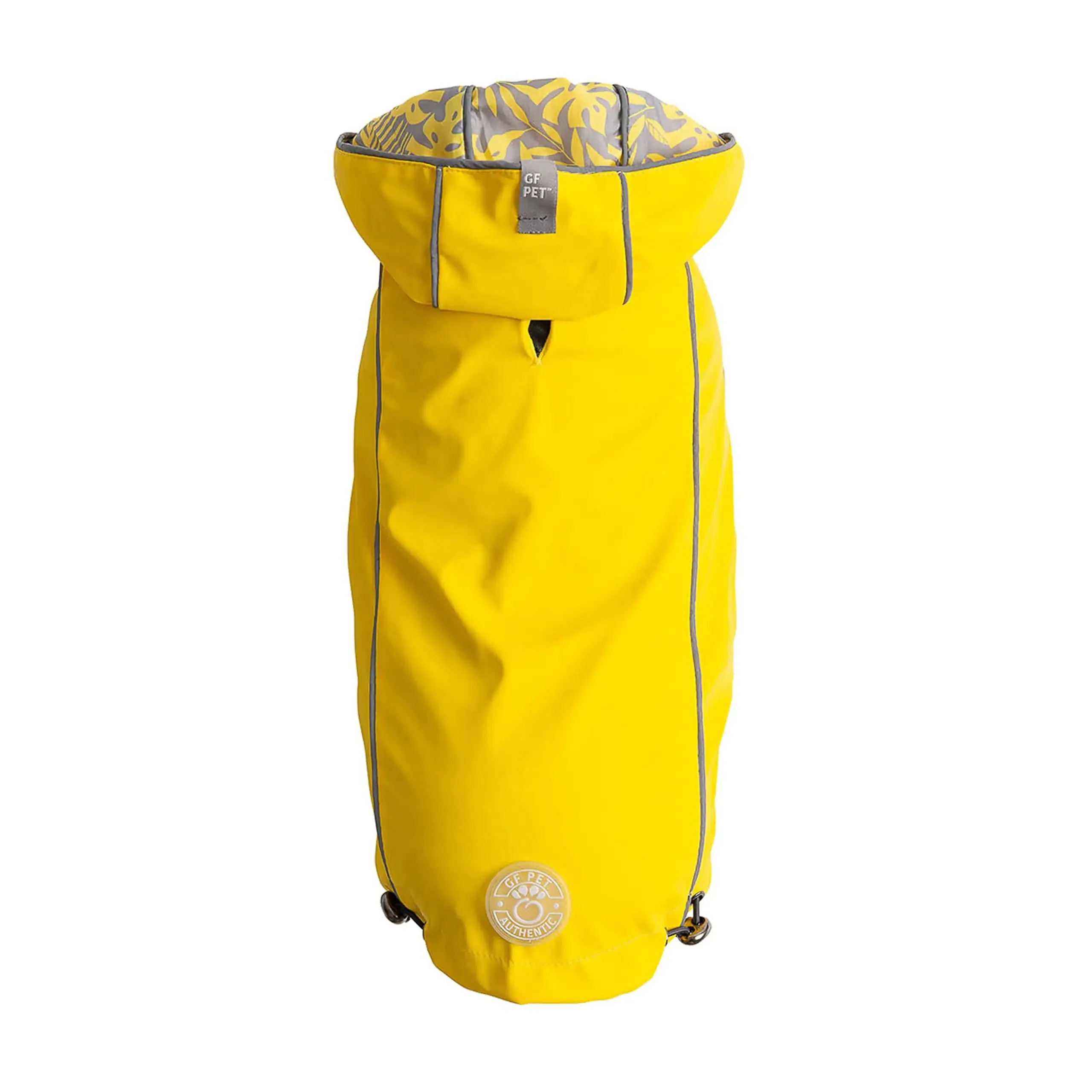 Reversible Dog Raincoat - Yellow / Leaves. Reflective Piping.