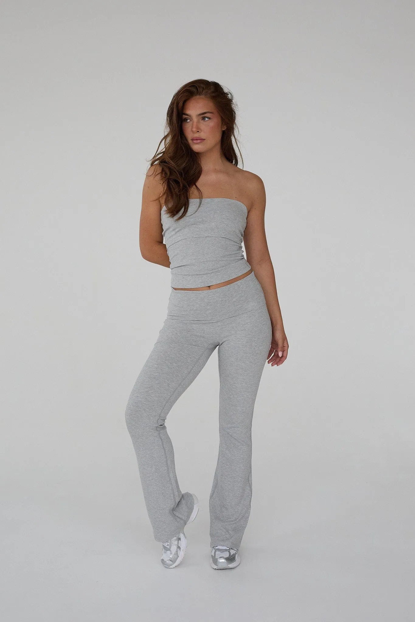 Rib Fold Over Pants - Grey Melange