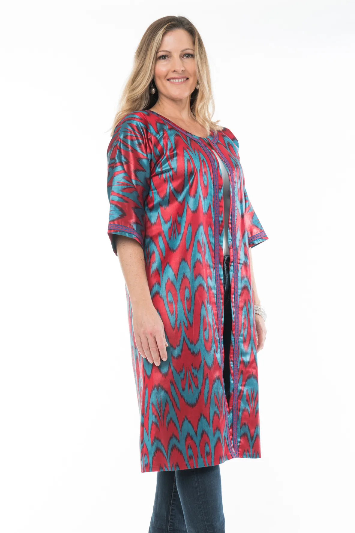 Rowan Silk Ikat Coat, Long, Red, Blue