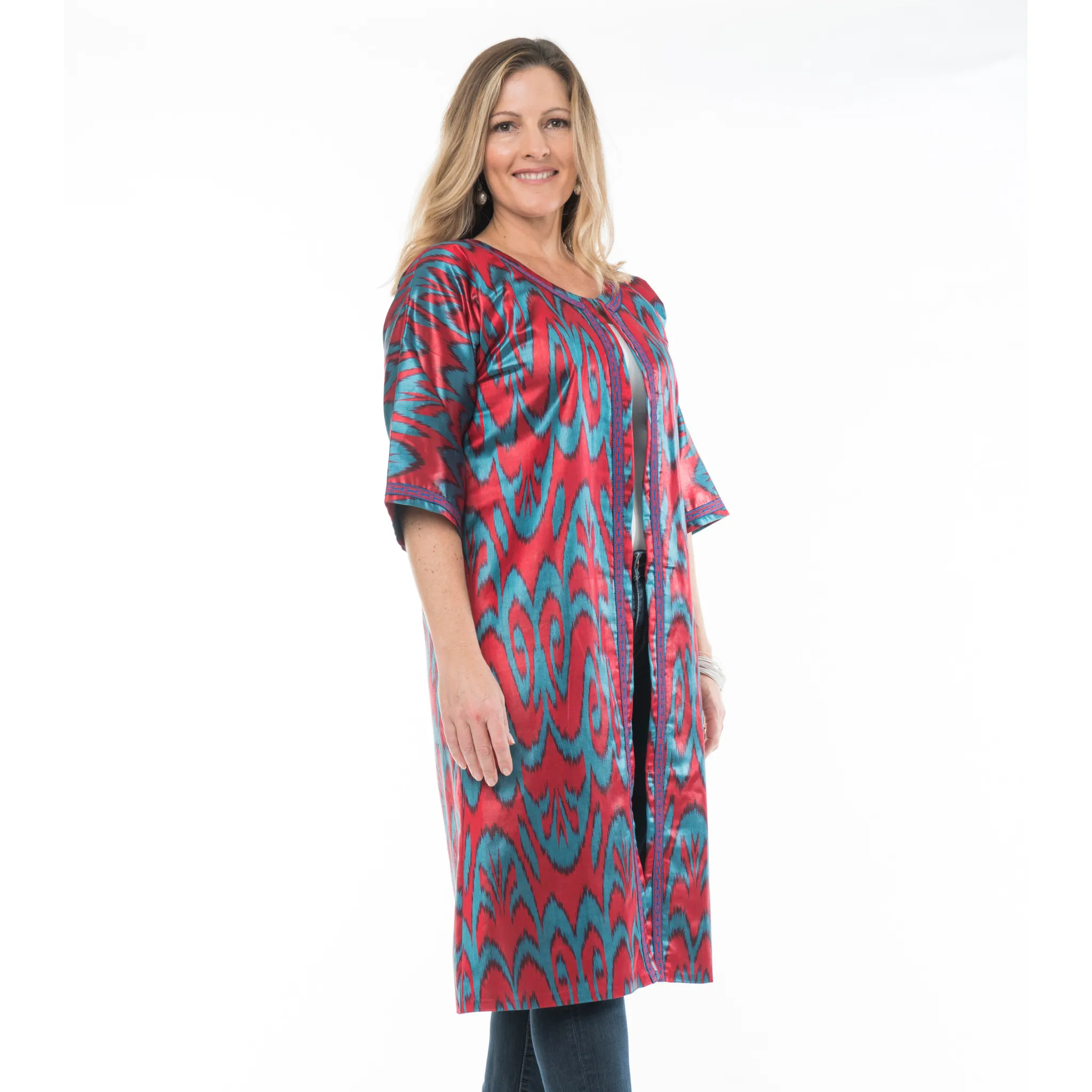 Rowan Silk Ikat Coat, Long, Red, Blue