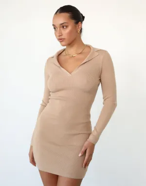 Sara Long Sleeve Mini Dress (Beige)