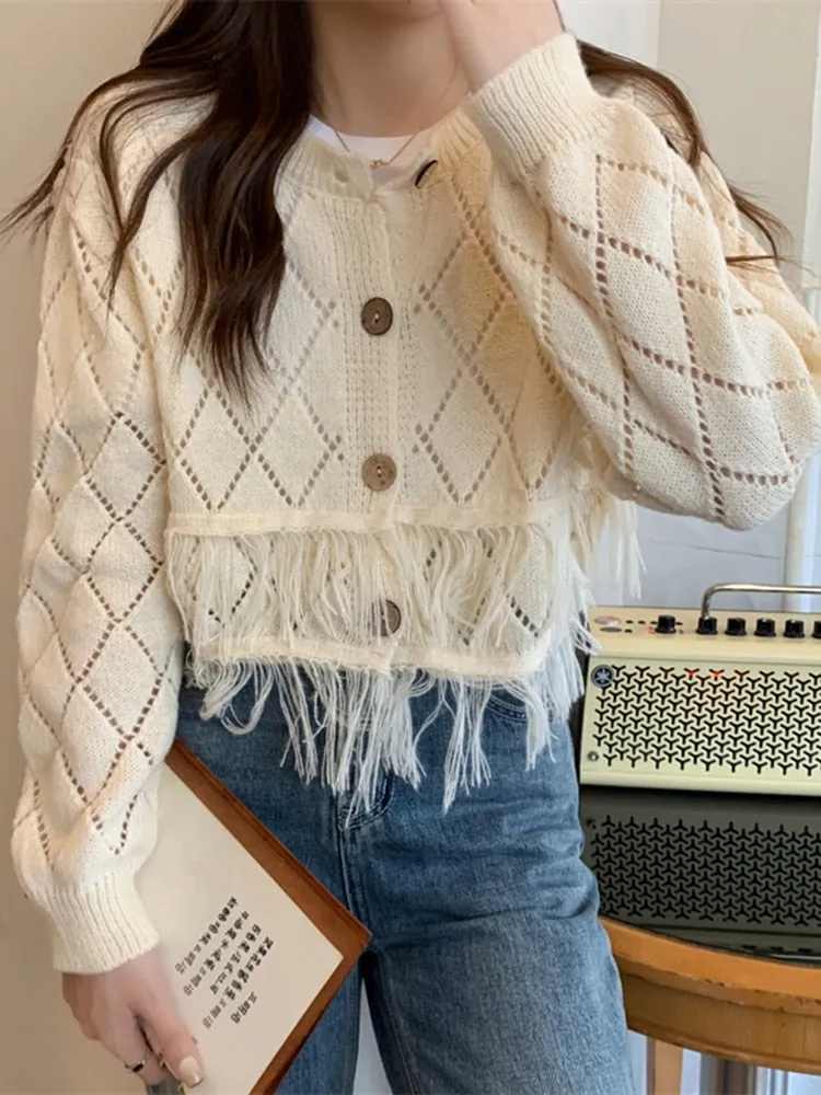 Sexy Tassel Women Cardigan Sweater Design Hollow Out Korean Fall Long Sleeve Thin Shorts Coat Button Up Fashion Knit Tops