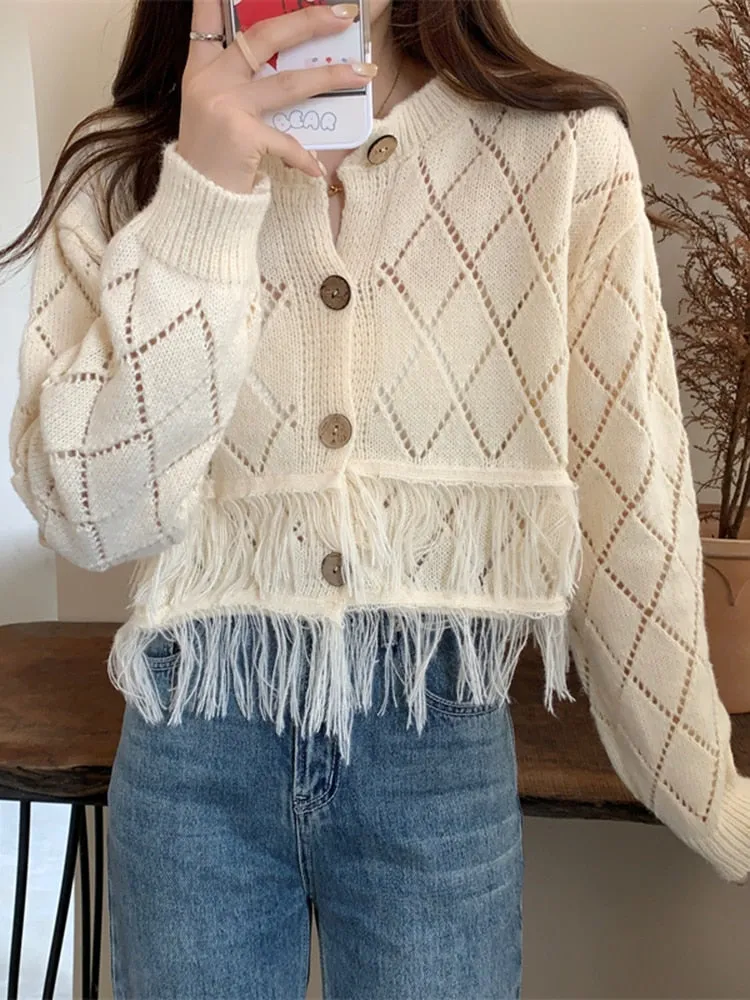 Sexy Tassel Women Cardigan Sweater Design Hollow Out Korean Fall Long Sleeve Thin Shorts Coat Button Up Fashion Knit Tops