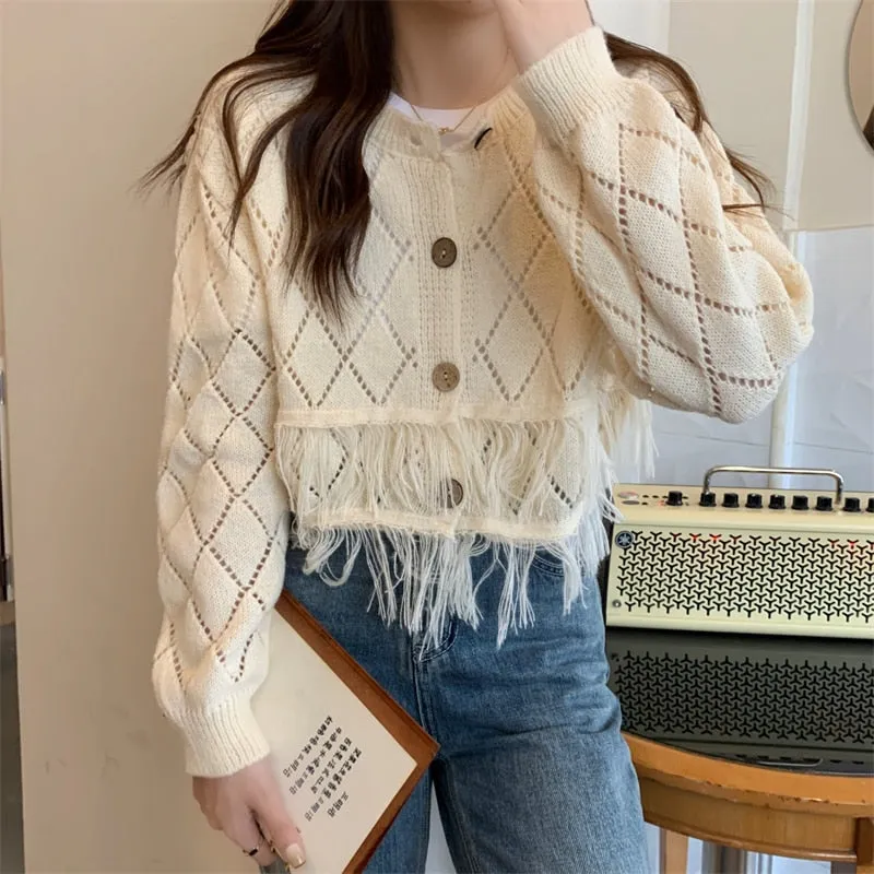 Sexy Tassel Women Cardigan Sweater Design Hollow Out Korean Fall Long Sleeve Thin Shorts Coat Button Up Fashion Knit Tops