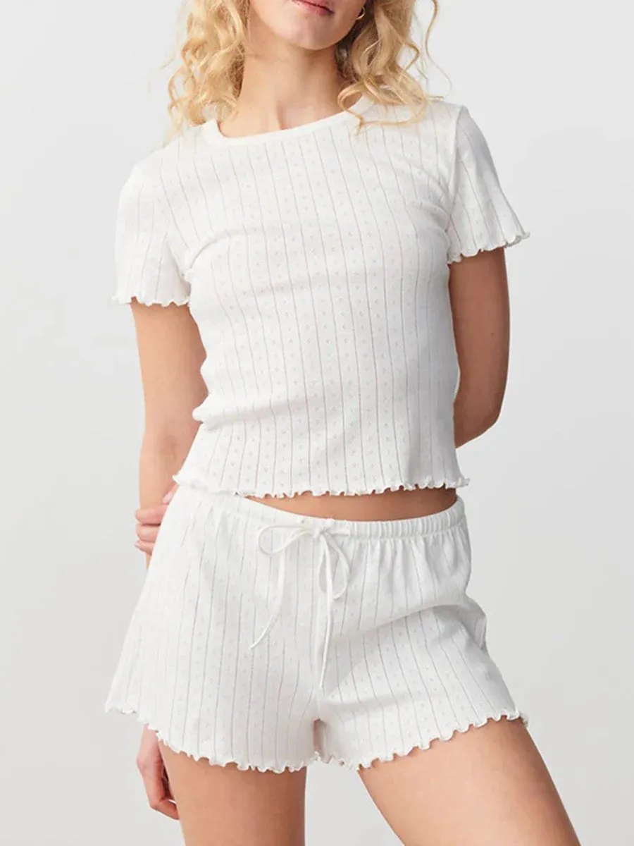 Sleeve Crew Neck Tops Shorts Soft Sleepwear Short Pajamas