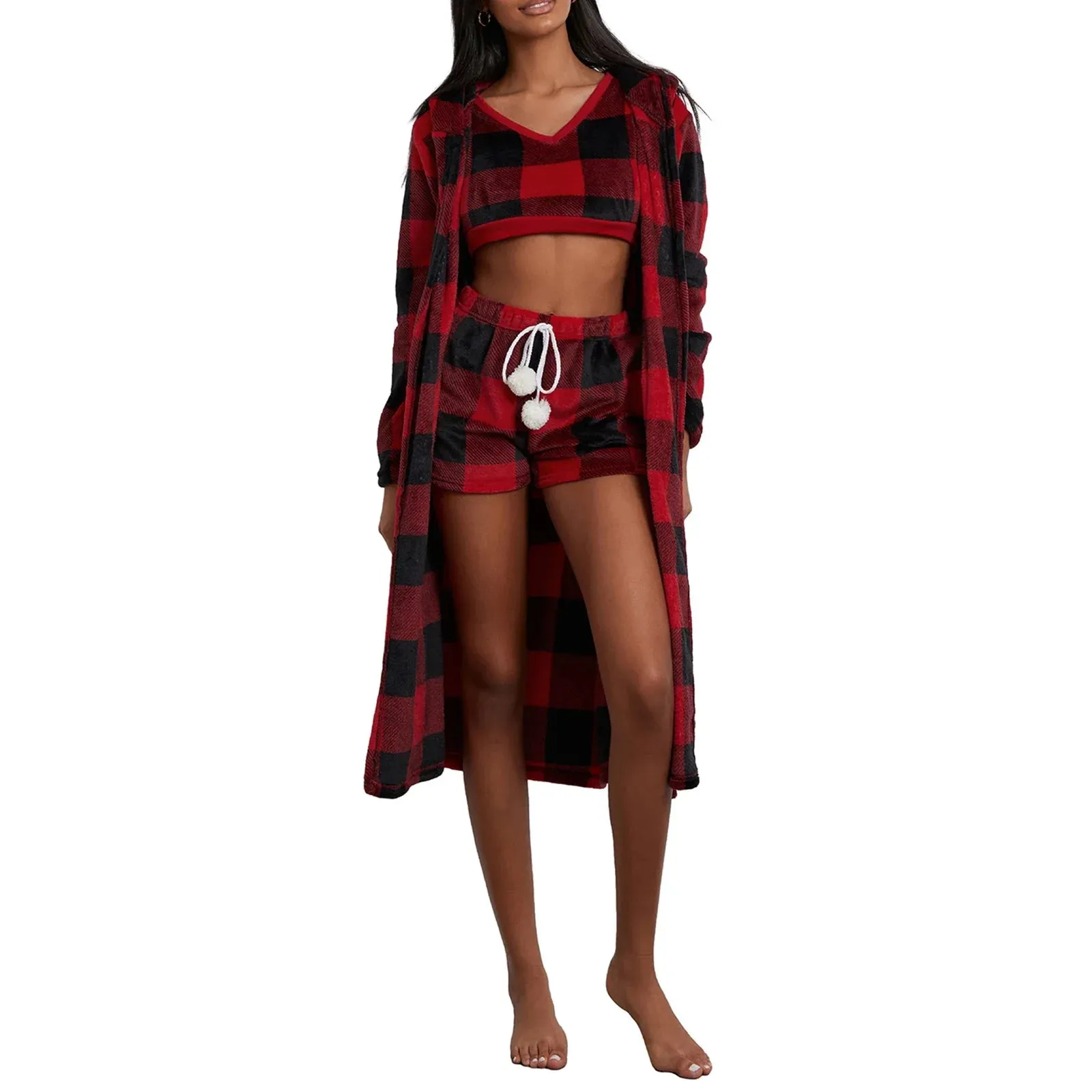 Sleeveless Plaid Print Tank Tops Shorts Coat Loungewear Winter Pajamas