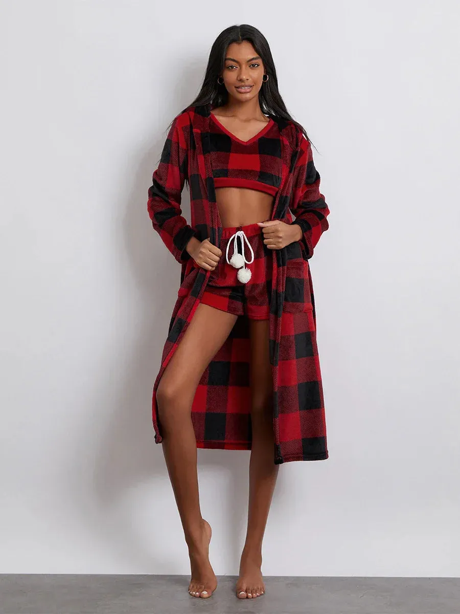 Sleeveless Plaid Print Tank Tops Shorts Coat Loungewear Winter Pajamas