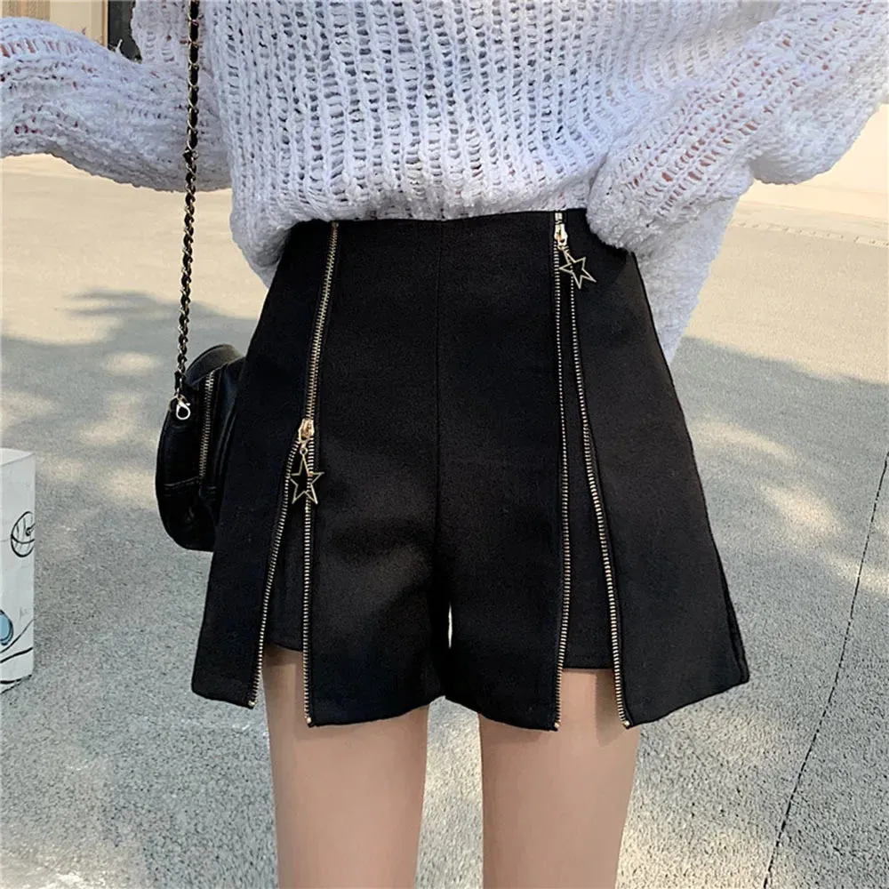 Slim Faux Wool Star Zipper Short for Autumn Winter