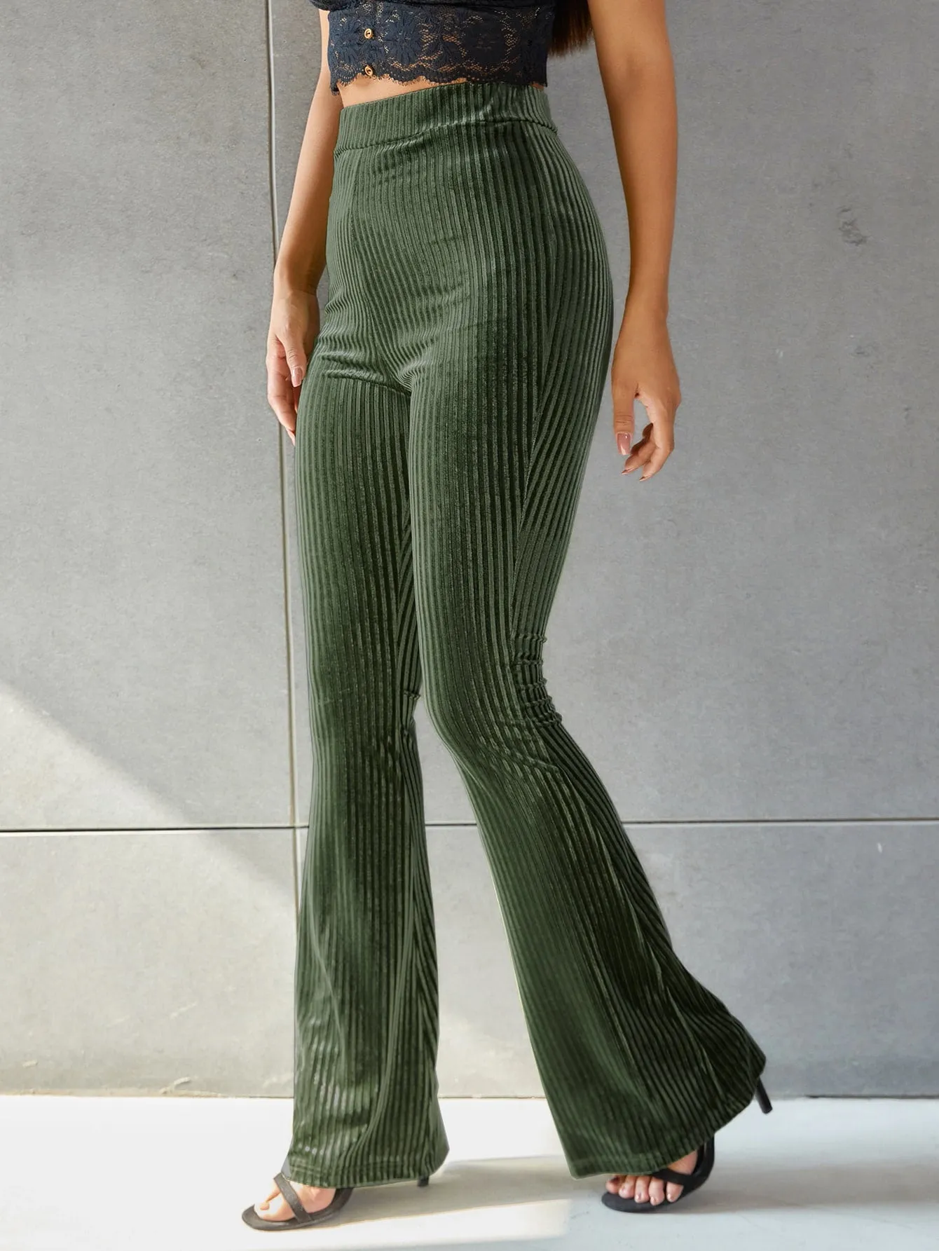 Solid Flare Leg Velvet Pants