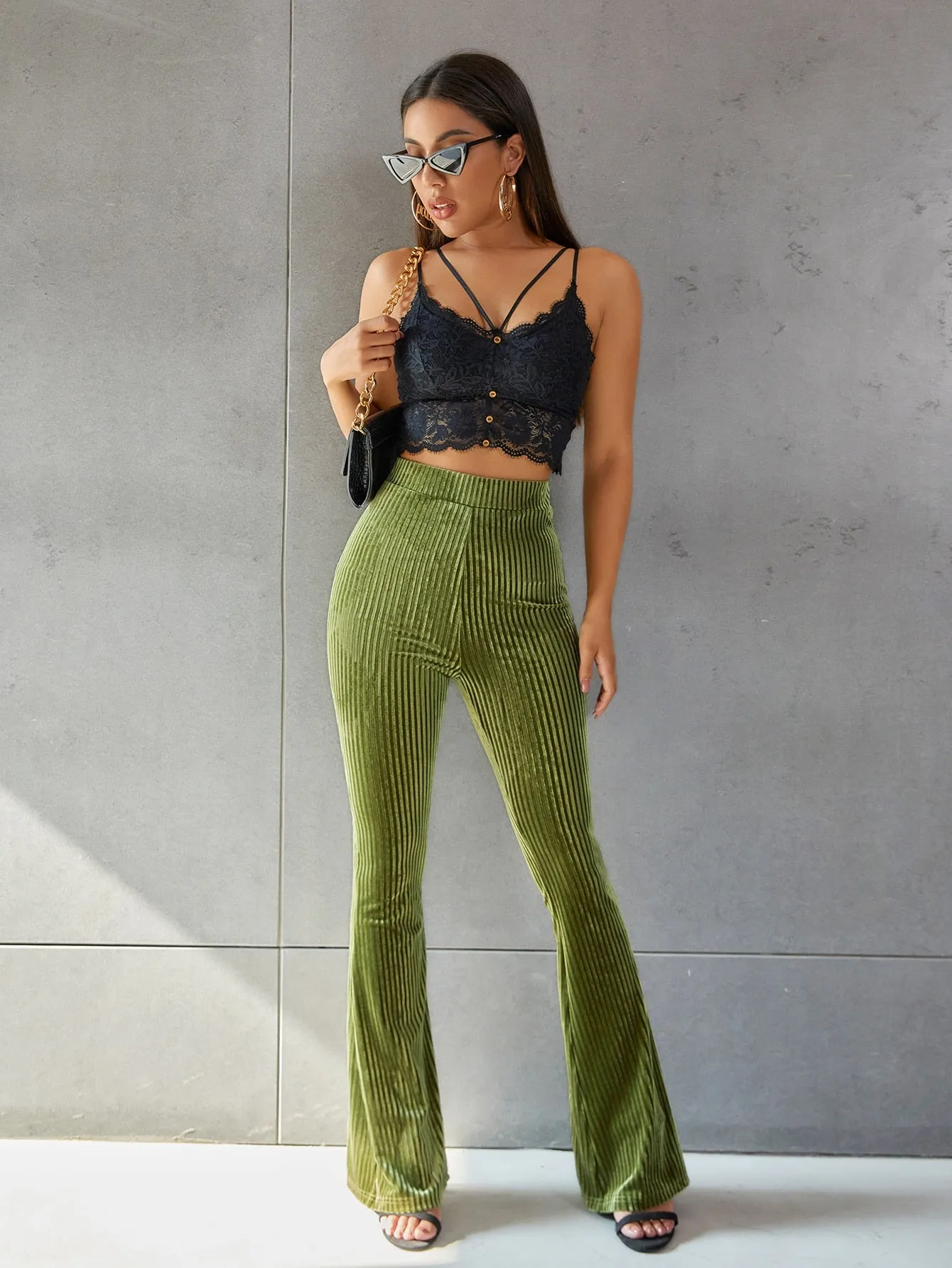 Solid Flare Leg Velvet Pants