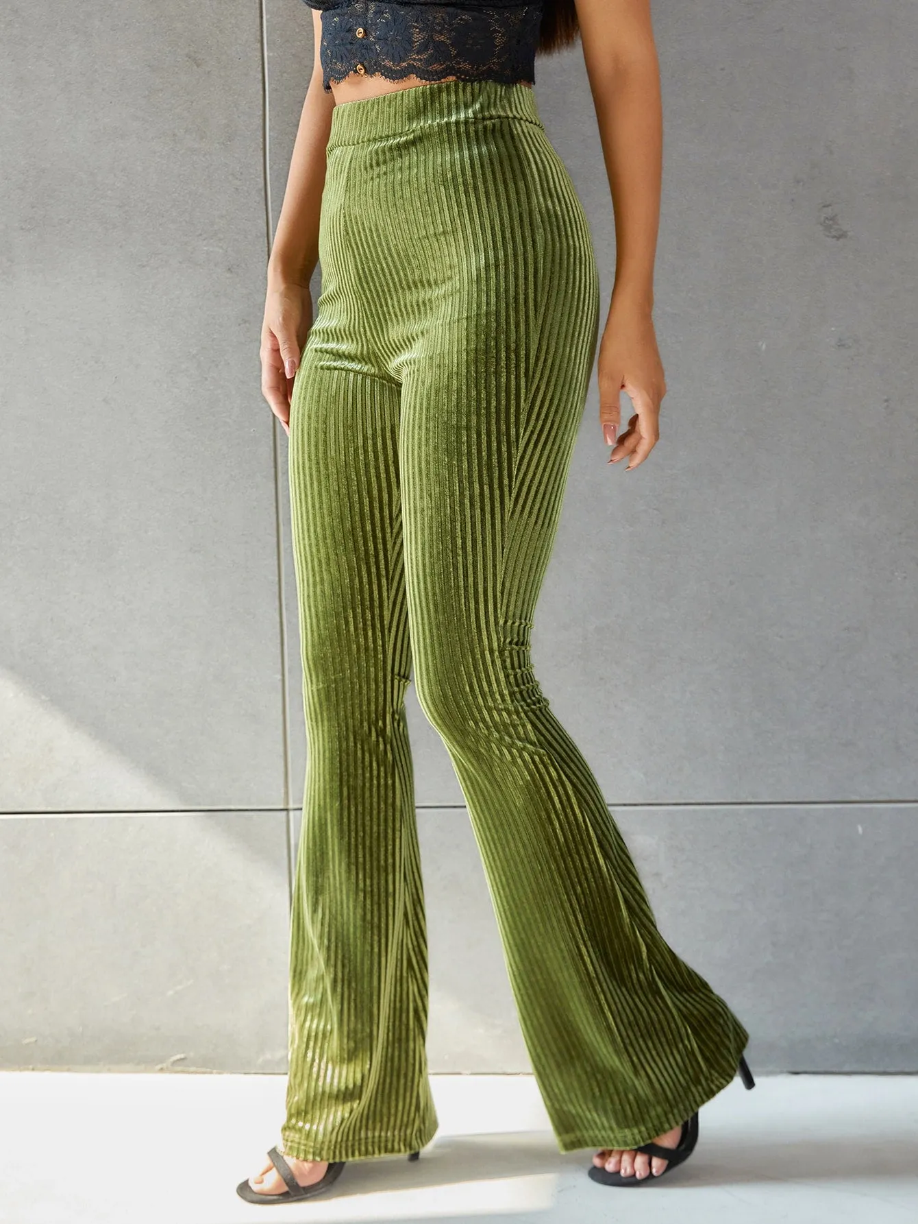 Solid Flare Leg Velvet Pants