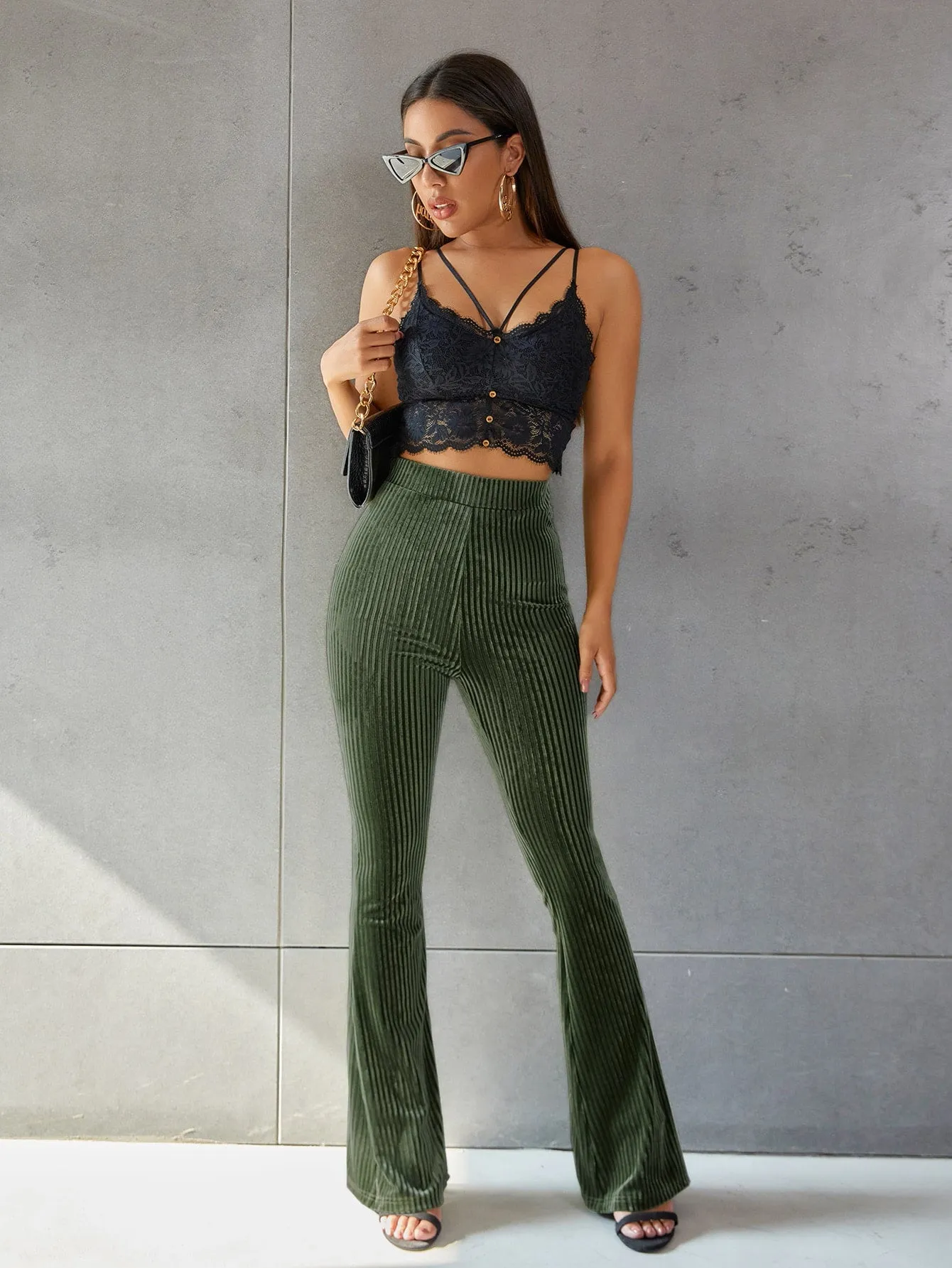 Solid Flare Leg Velvet Pants