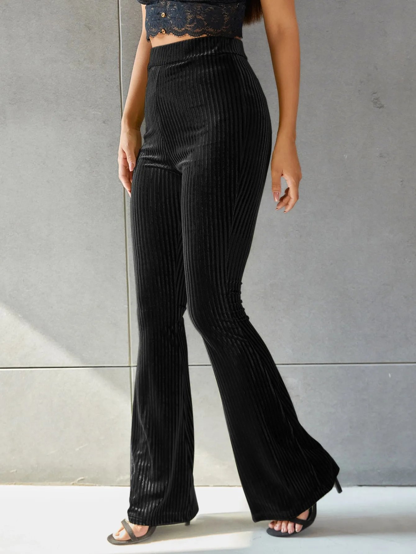 Solid Flare Leg Velvet Pants