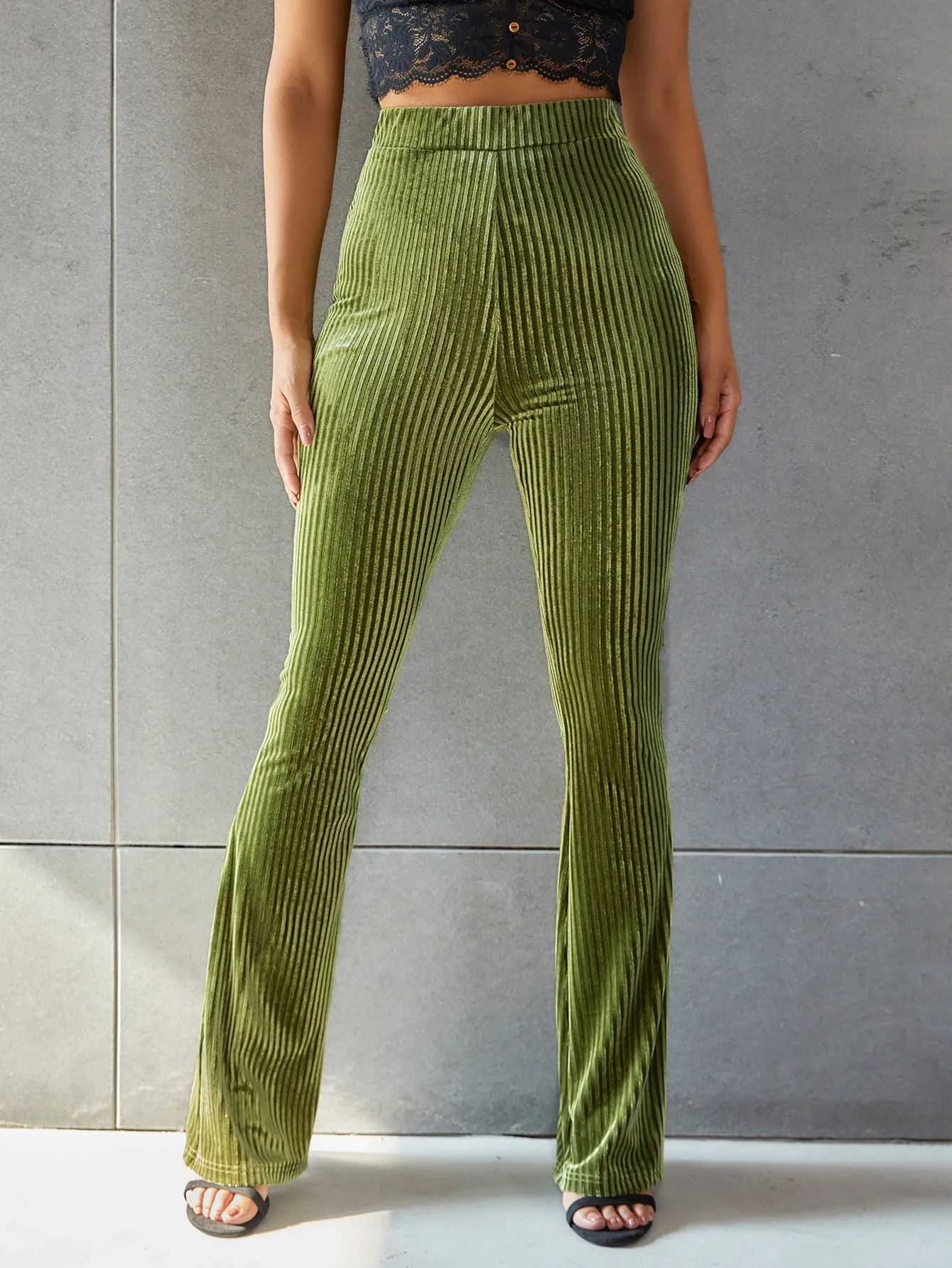 Solid Flare Leg Velvet Pants