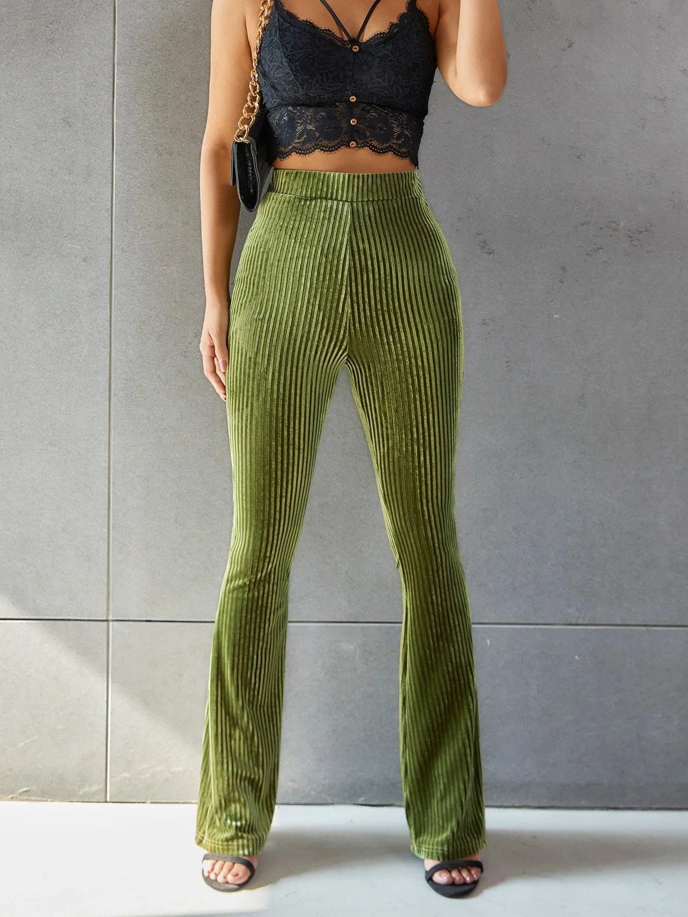 Solid Flare Leg Velvet Pants