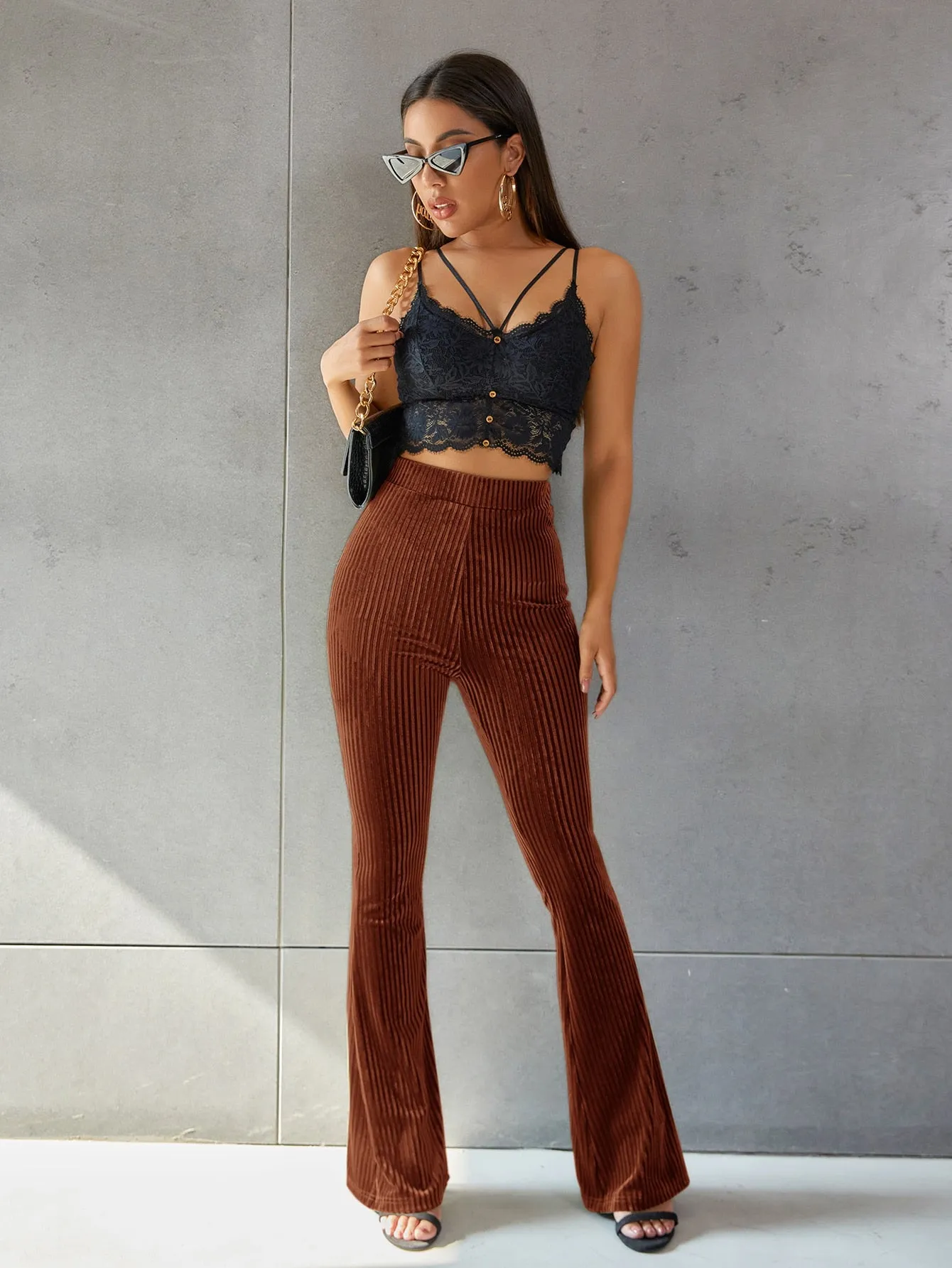 Solid Flare Leg Velvet Pants