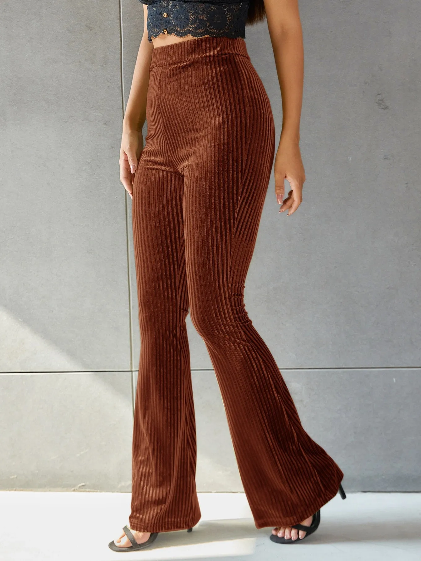 Solid Flare Leg Velvet Pants