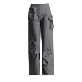 Solid Patchwork Pockets Loose Pants For Women High Waist Minimalist Casual Cargo Pant Female Fashion Clothes