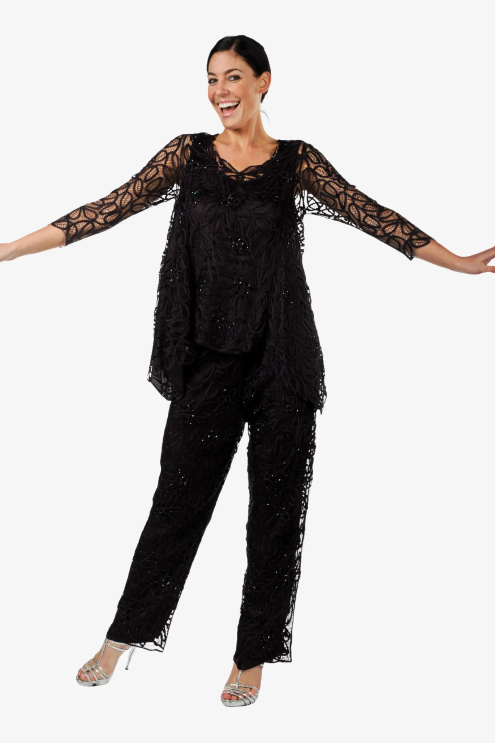 Soulmates C8057 Beaded Lace Evening Baby Doll Tunic Top with Pants Set