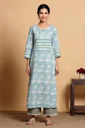 Straight Fit Kurta/Pant Set In Aqua Green Color