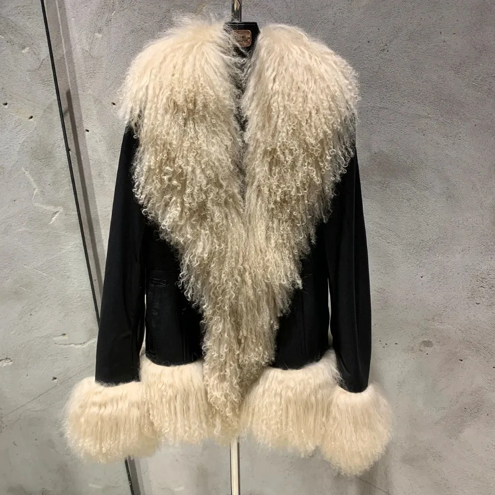 Suede Coat with Mongolian Fur Collar and Cuffs