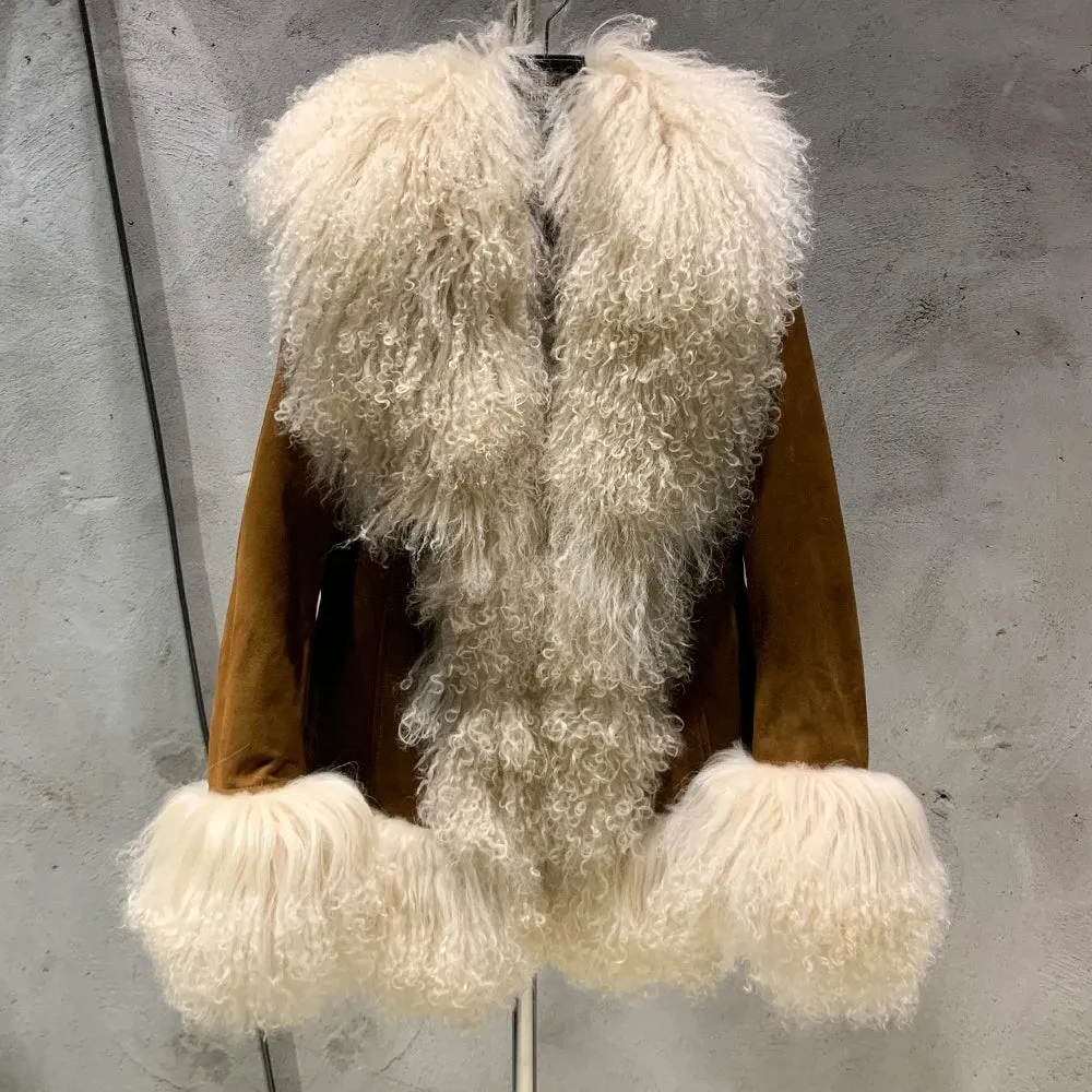 Suede Coat with Mongolian Fur Collar and Cuffs