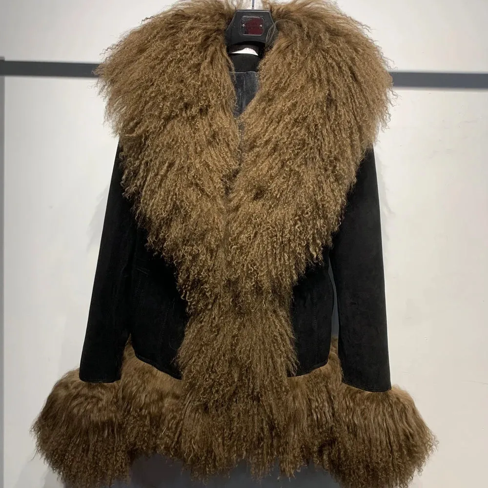 Suede Coat with Mongolian Fur Collar and Cuffs