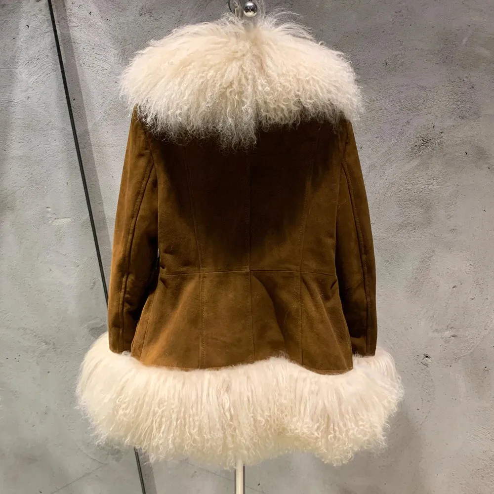 Suede Coat with Mongolian Fur Collar and Cuffs