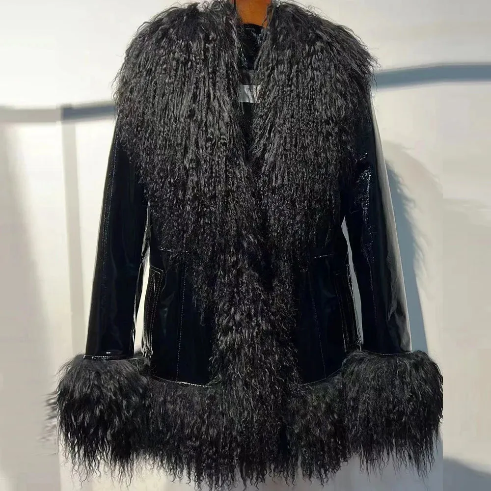 Suede Coat with Mongolian Fur Collar and Cuffs