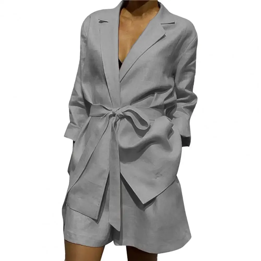 Summer Plus Size Long Sleeves V-neck Blazer and Shorts with Belt