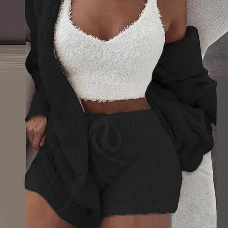 Trendy Plush Velvet Crop Top And Cardigan Set