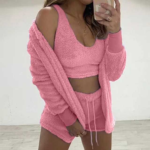 Trendy Plush Velvet Crop Top And Cardigan Set