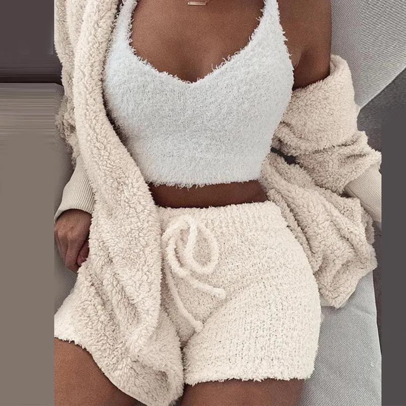 Trendy Plush Velvet Crop Top And Cardigan Set