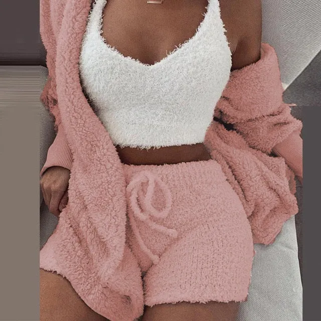 Trendy Plush Velvet Crop Top And Cardigan Set