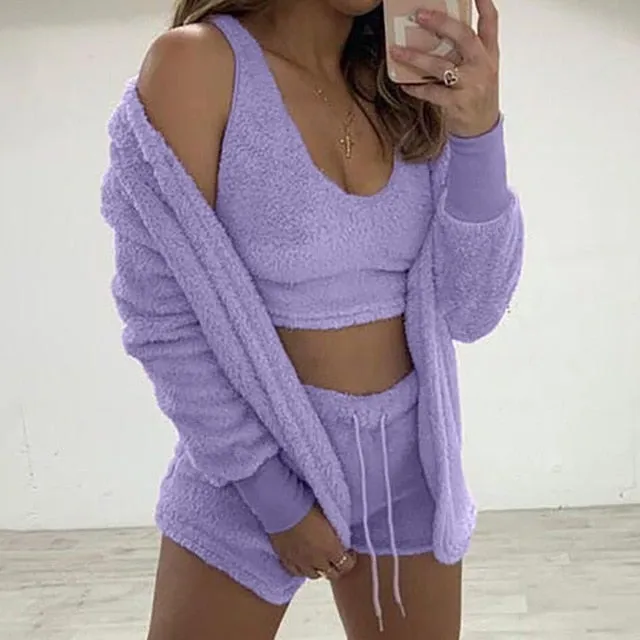 Trendy Plush Velvet Crop Top And Cardigan Set