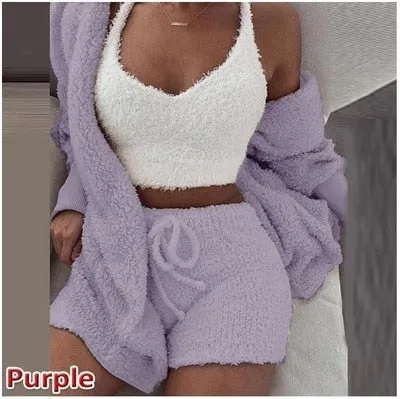 Trendy Plush Velvet Crop Top And Cardigan Set