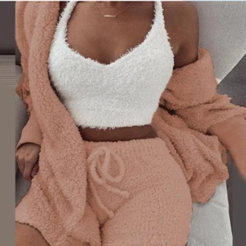 Trendy Plush Velvet Crop Top And Cardigan Set