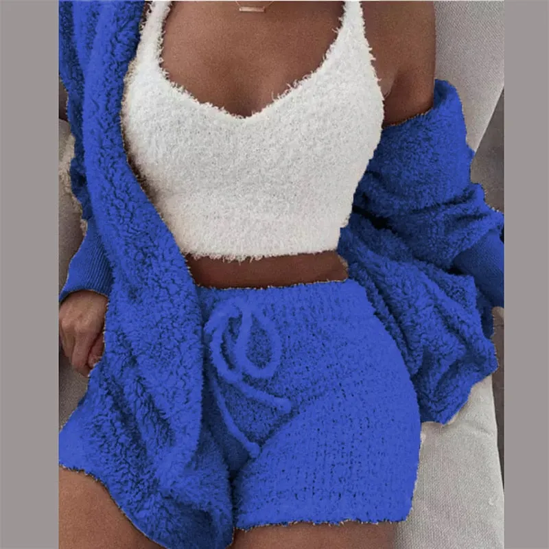 Trendy Plush Velvet Crop Top And Cardigan Set