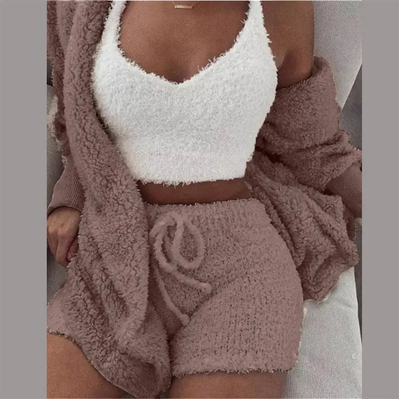 Trendy Plush Velvet Crop Top And Cardigan Set