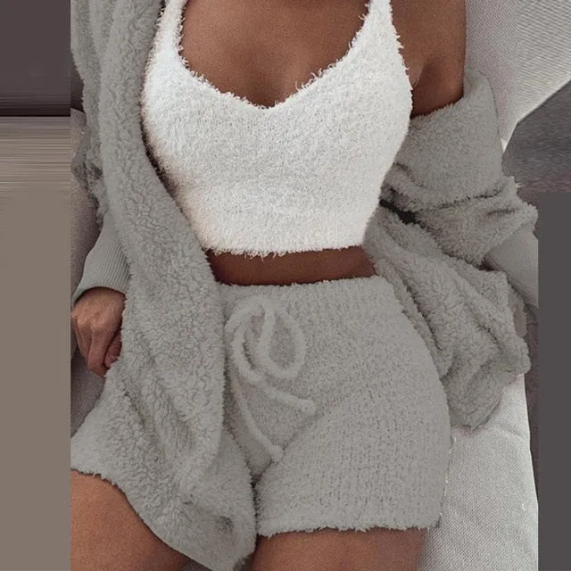 Trendy Plush Velvet Crop Top And Cardigan Set