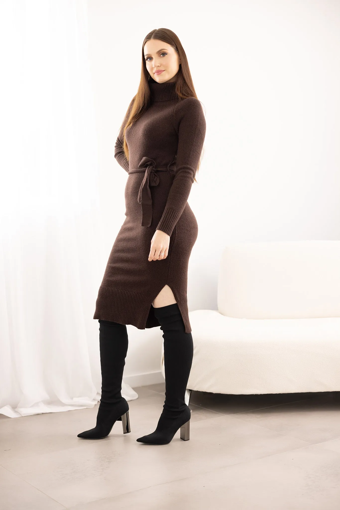 Turtle Neck Tie Knit Dress