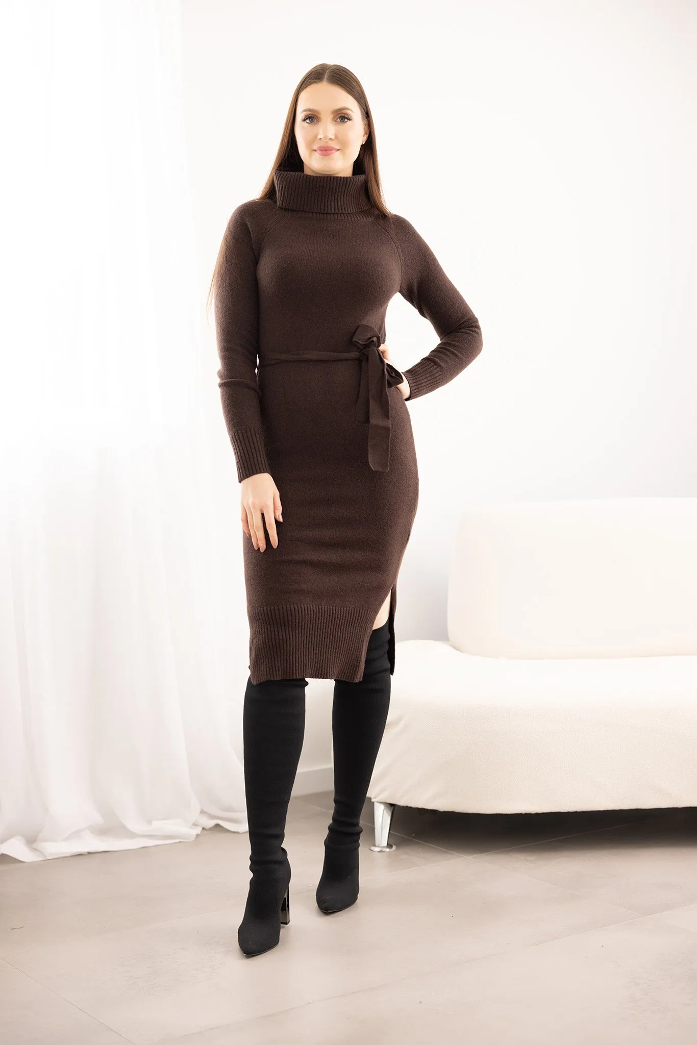 Turtle Neck Tie Knit Dress